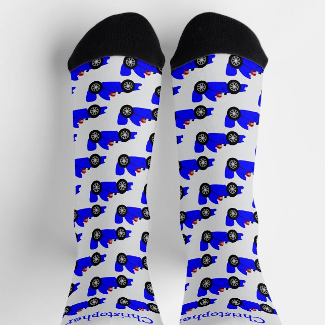 Blaues Rennwagendesign Personalisiert Socken (Oben)