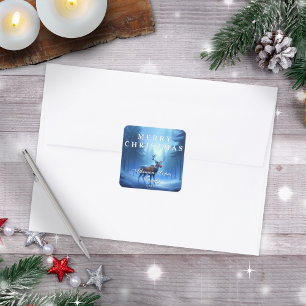 Blaues Rentier Frohe Weihnachten Familie Quadratischer Aufkleber