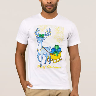 Blaues Rentier & Schlitten Frohe Weihnachten Herre T-Shirt