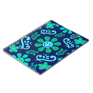 Blaues Retro-Blumen- und Sonnensymbol-Muster Notizblock