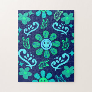 Blaues Retro-Blumen- und Sonnensymbol-Muster Puzzle