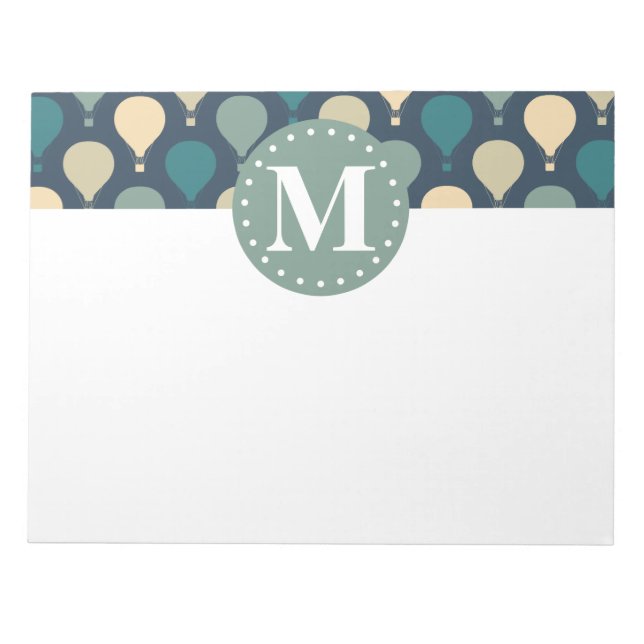 Blaues Retro-Heißluftballon-Muster Monogram Notizblock (Vorderseite)