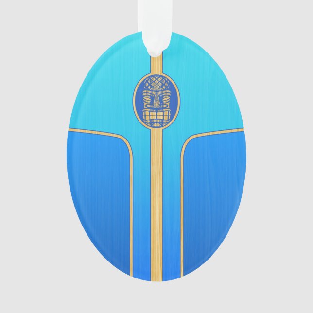 Blaues Retro Tiki Surfbrett Ornament (Vorderseite)