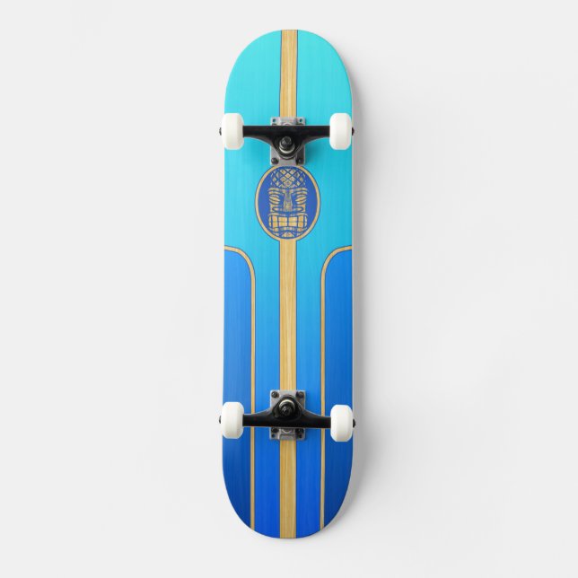 Blaues Retro Tiki Surfbrett Skateboard (Vorderseite)