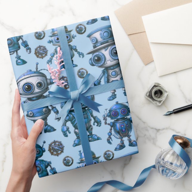 Blaues Robotermuster Geschenkpapier (Schenken)