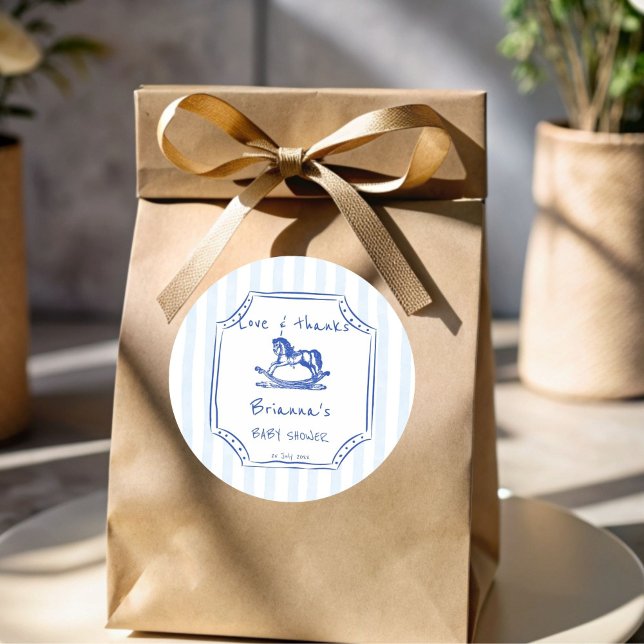 Blaues Rockpferd-Sketch Baby Dusche Gefallen Runder Aufkleber (Blue rocking horse handrawn sketch vintage baby shower favor sticker personalized favor stickers)