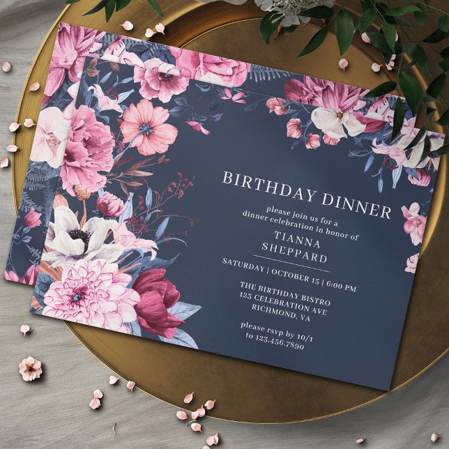 Blaues Rosa | Chic Floral Birthday Dinner Einladung (Von Creator hochgeladen)
