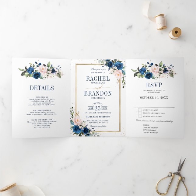 Blaues Rosa Rose Boho Geometric Wedding Dreifach Gefaltete Ankündigung (Innenseite)