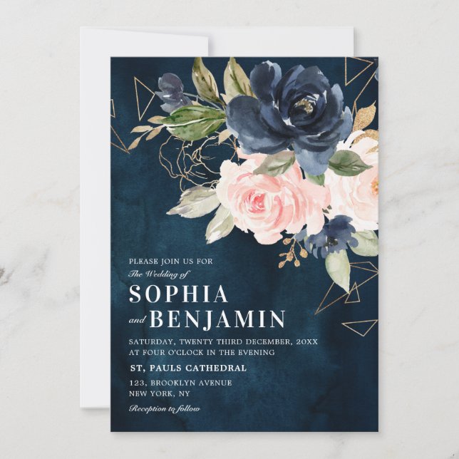 Blaues Rosa Rose Boho Geometric Wedding Einladung (Vorderseite)