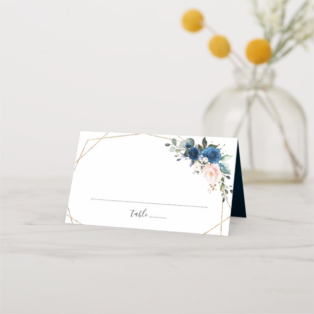 Blaues Rosa Rose Boho Geometric Wedding Platzkarte (Vorderseite)
