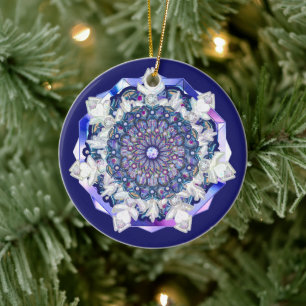 Blaues Rosass und Schneeflocken Keramik Ornament