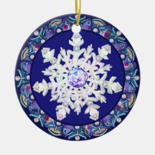 Blaues Rosass und Schneeflocken Keramik Ornament
