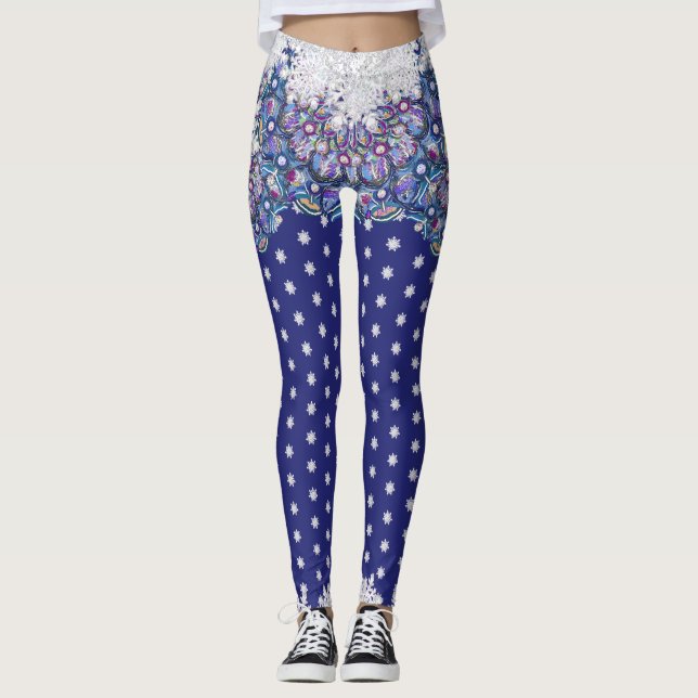 Blaues Rosass und Schneeflocken Leggings (Vorderseite)