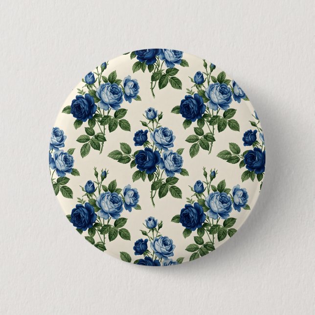 Blaues Rosen-Blumenmuster Button (Vorderseite)