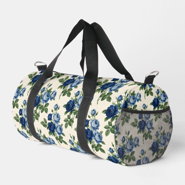 Blaues Rosen-Blumenmuster Duffle Bag (Rechte Ecke)