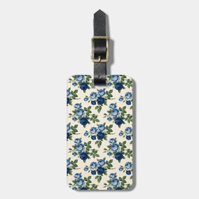 Blaues Rosen-Blumenmuster Gepäckanhänger (Vorderseite vertikal)