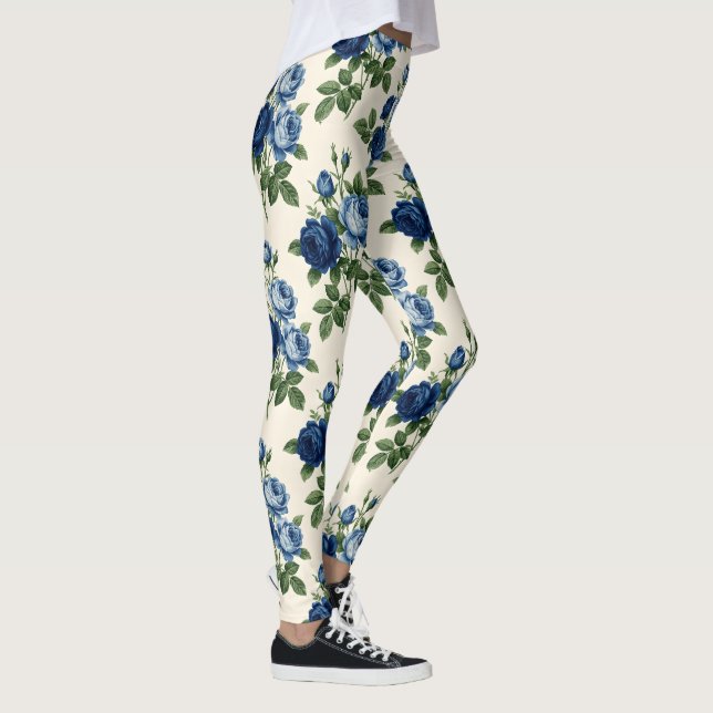 Blaues Rosen-Blumenmuster Leggings (Rechts)