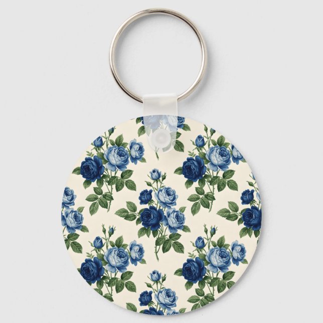 Blaues Rosen-Blumenmuster Schlüsselanhänger (Vorderseite)