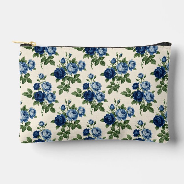 Blaues Rosen-Blumenmuster Zubehörtasche (Vorderseite)