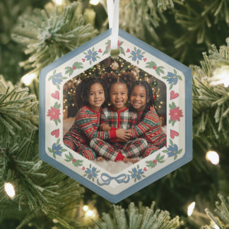 Blaues rotes nordisches Weihnachtsbild Hexagon Fot Ornament Aus Glas