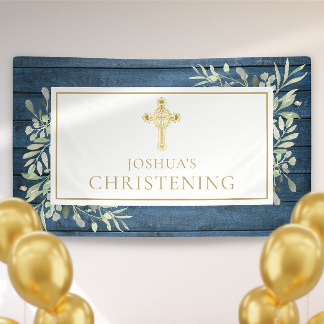 Blaues Rustikales Foliage Gold Cross Taufen Christ Banner (Blue Rustic Foliage Gold Cross Baptism Christening Banner)
