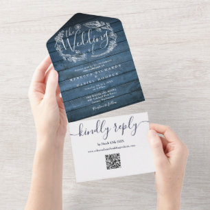 Blaues Rustikales Holz QR Code Monogram Floral Wed All In One Einladung