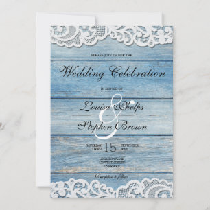 Blaues Rustikales Holz und Hochzeit Einladung