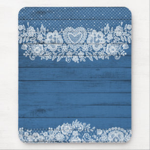 Blaues Rustikales Holz und Weiße Spitzen Lacy Baue Mousepad