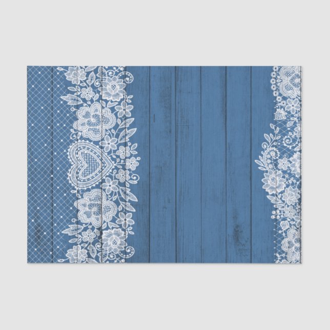Blaues Rustikales Holz und Weiße Spitzen Lacy Baue Seidenpapier (Vorderseite)