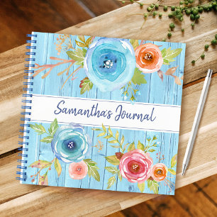 Blaues rustikales Holz-Wasserfarben-Blumenmuster i Notizbuch