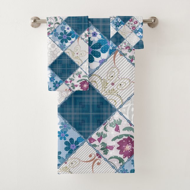 Blaues, rustikales Muster aus Stoffschrott Badhandtuch Set (Insitu)