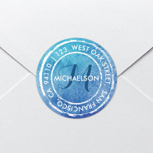 Blaues rustikales Wasserfarben-Monogramm Runde A Runder Aufkleber
