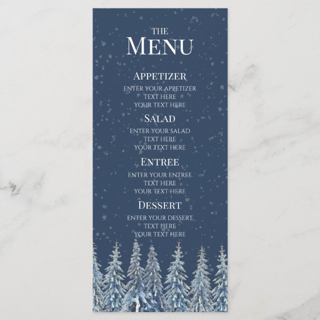 Blaues Rustikales Winterwald-Hochzeitsmenü Menükarte (Vorderseite)
