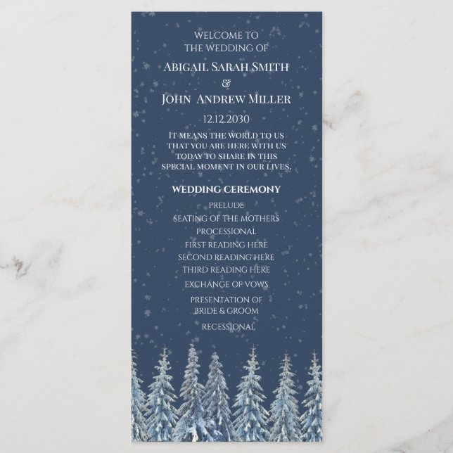 Blaues Rustikales Winterwald-Hochzeitsprogramm Programm (Vorderseite)