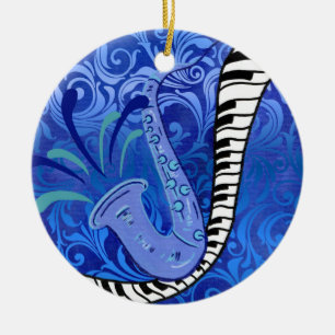 Blaues Saxophon und Klavier Keramik Ornament