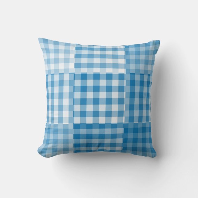 Blaues Schachbrett-Patchworkmuster Kissen (Vorderseite)
