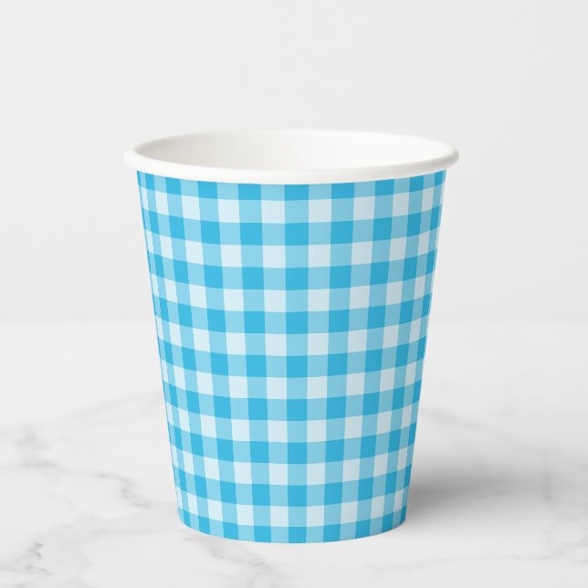 Blaues Schachbrettmuster Pappbecher (Vorderseite)