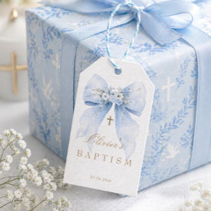 Blaues Schleifen-Jungen-Taufgeschenk-Tag Geschenkanhänger