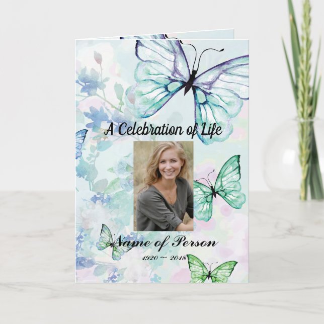 Blaues Schmetterlings-Begräbnis-Programm Programm (Vorderseite)