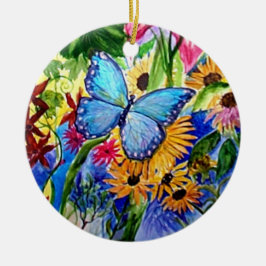 Blaues Schmetterlings-Garten-Aquarell Keramikornament