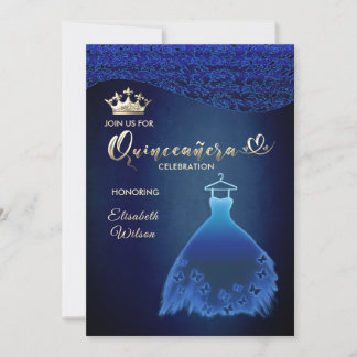 Blaues Schmetterlingskleid damask tiara Quince Einladung