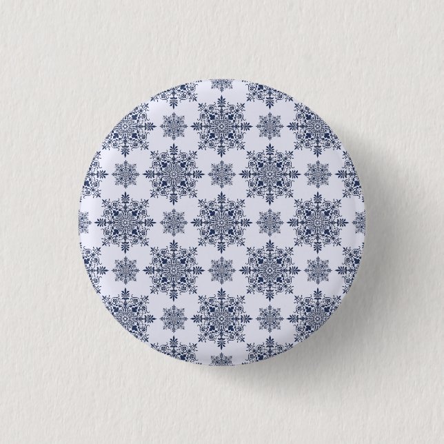 Blaues Schneeflocken-Damaskatmuster Button (Vorderseite)