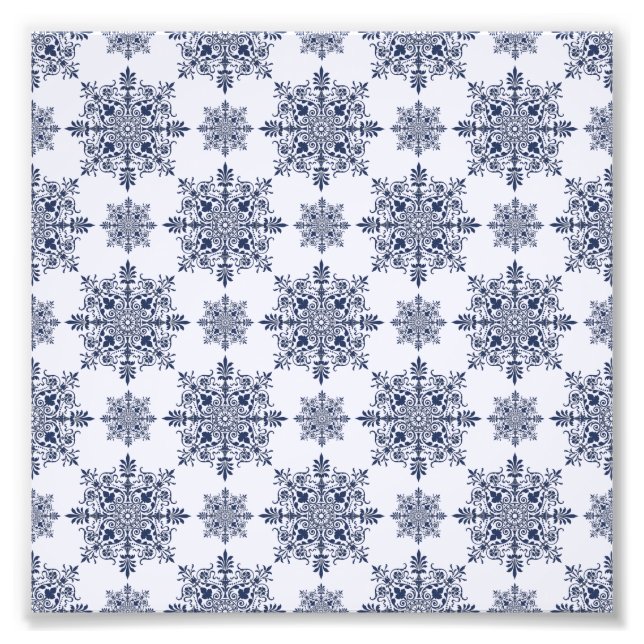 Blaues Schneeflocken-Damaskatmuster Fotodruck (Vorne)