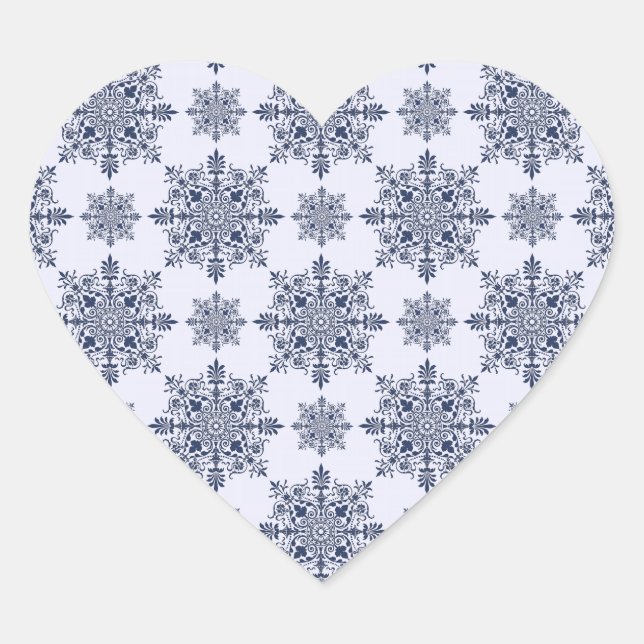 Blaues Schneeflocken-Damaskatmuster Herz-Aufkleber (Vorderseite)