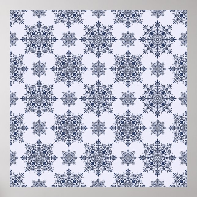 Blaues Schneeflocken-Damaskatmuster Poster (Vorne)