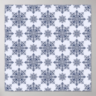Blaues Schneeflocken-Damaskatmuster Poster