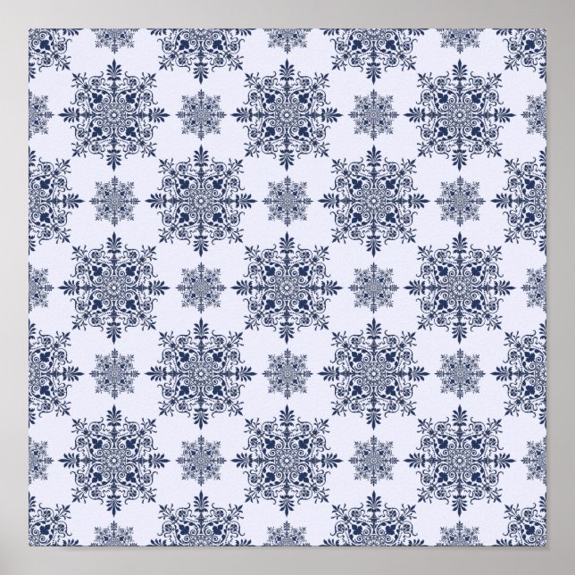Blaues Schneeflocken-Damaskatmuster Poster (Vorne)