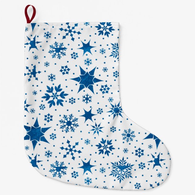 Blaues Schneeflockenmuster Großer Weihnachtsstrumpf (Vorderseite)