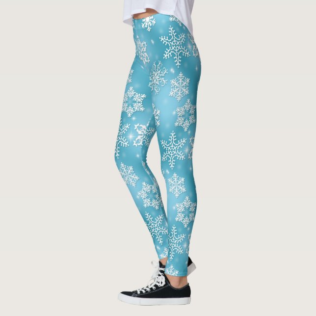 Blaues Schneeflockenmuster Weihnachten Leggings (Links)