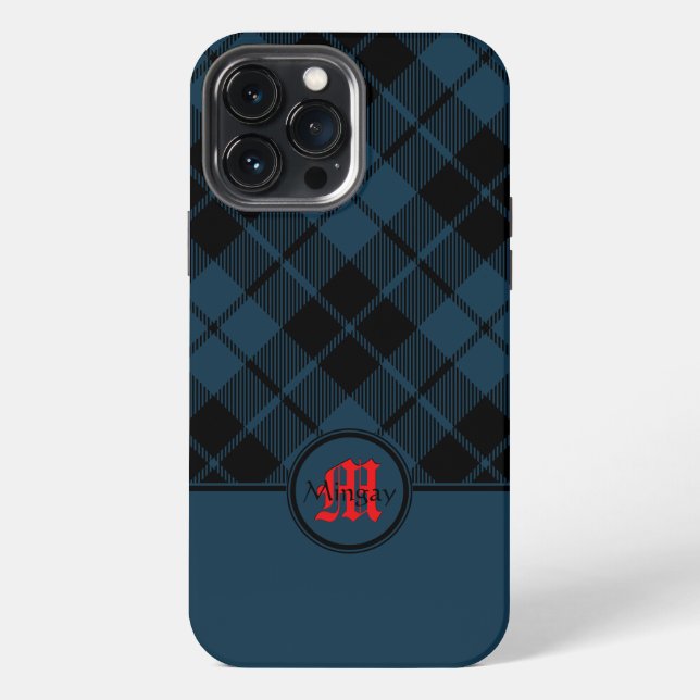 Blaues schottisches Karo rotes Monogramm iPhone Hülle (Rückseite)